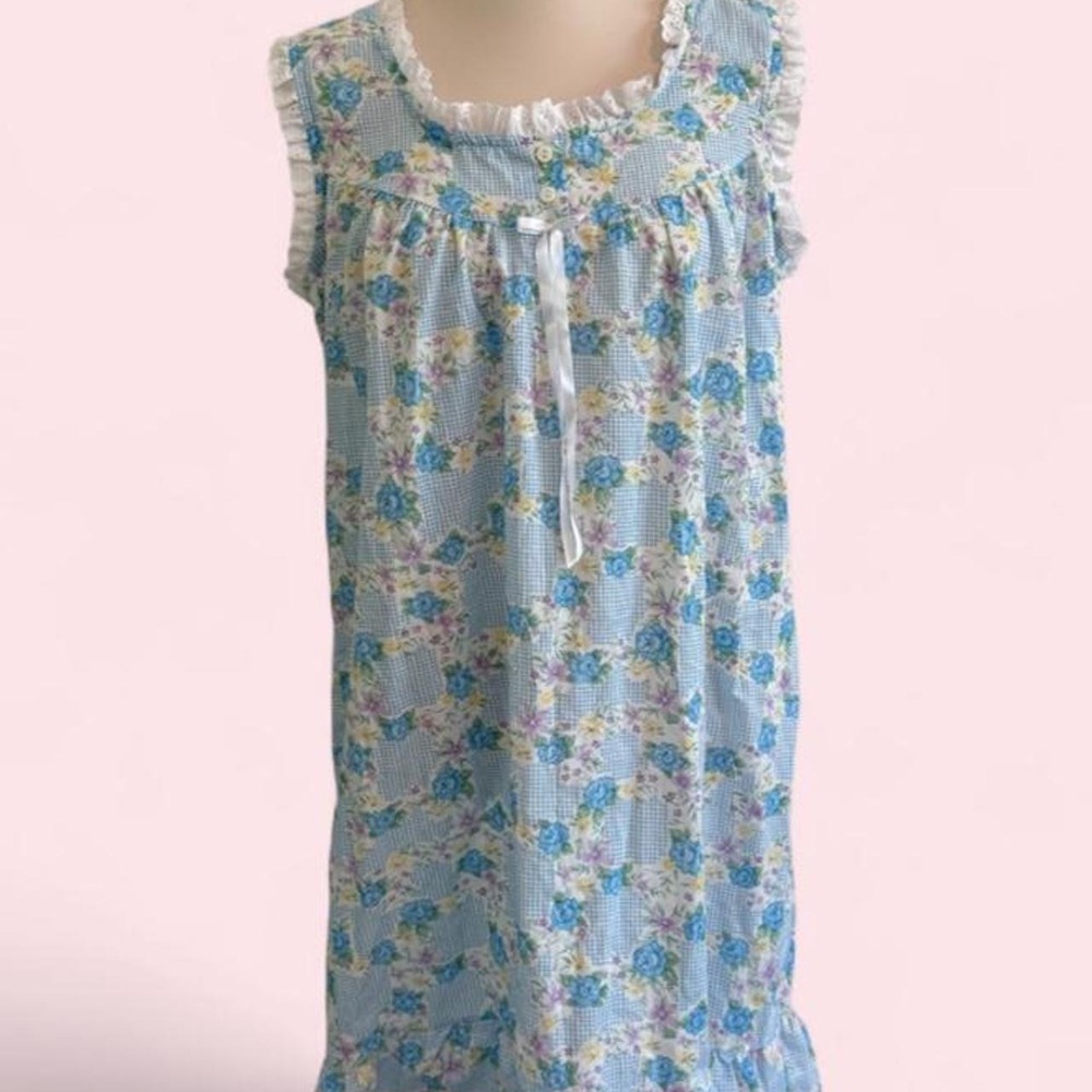 Vintage Carole Blue Floral Nightgown Dress | Lace Trim & Ribbon | Size S